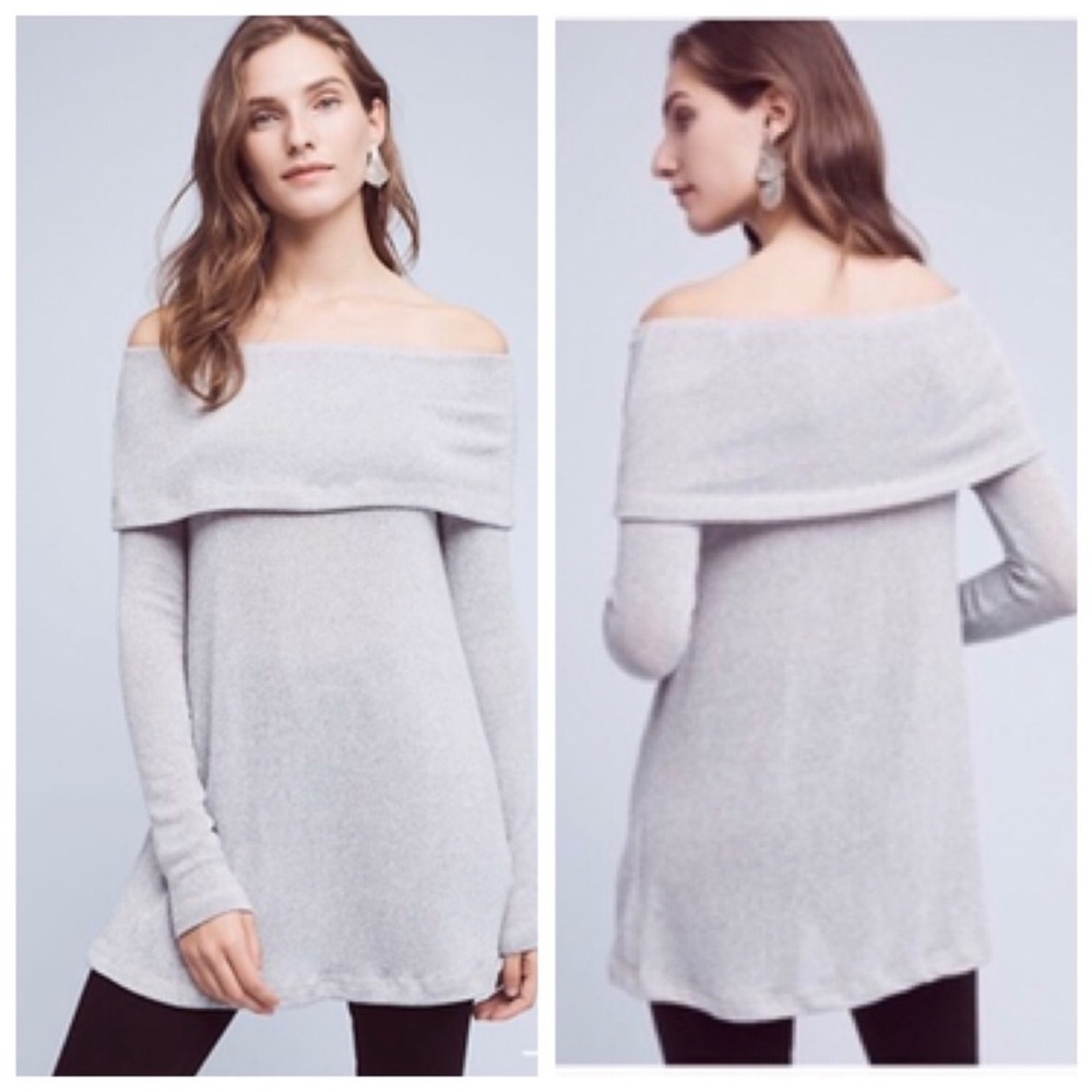 Anthropologie Eri + Ali Naples Light Gray Knit Off Shoulder Sweater Size Small